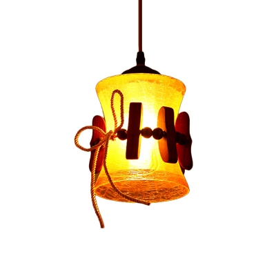 Brown Bell Suspension Light Vintage Amber Rippled Glass 1 Light Restaurant Wood Down Lighting