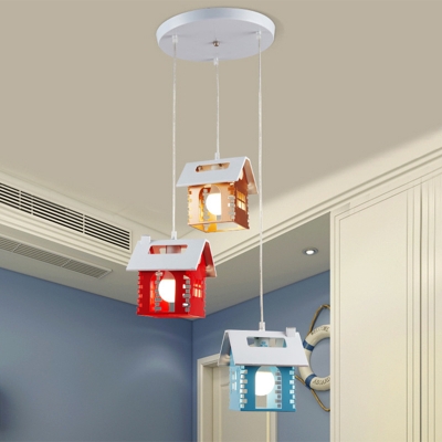 Cabin Cluster Pendant Light Cartoon Metal 3 Heads Nursery School Hanging Lamp in Red-Yellow-Blue