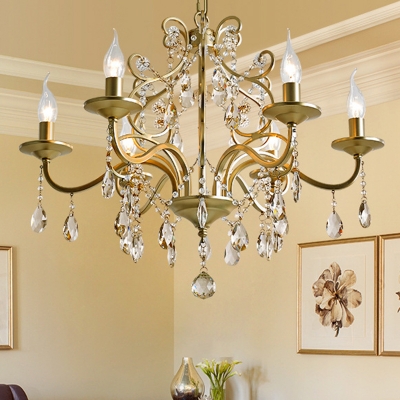Candlestick Iron Hanging Chandelier Modern 3/6 Bulbs Restaurant Pendant in Gold with Crystal Accent