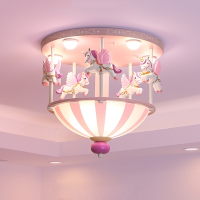 Carrousel Resin Flush Lighting Kids 5 Heads Pink/Blue Finish Ceiling Mounted Fixture for Bedroom