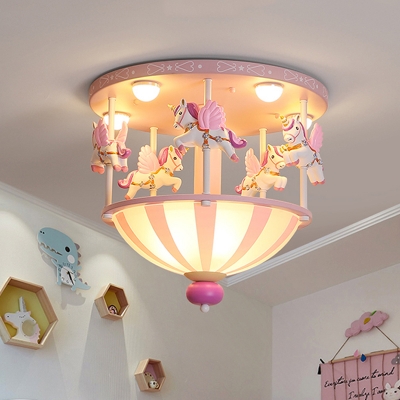 Carrousel Resin Flush Lighting Kids 5 Heads Pink/Blue Finish Ceiling Mounted Fixture for Bedroom