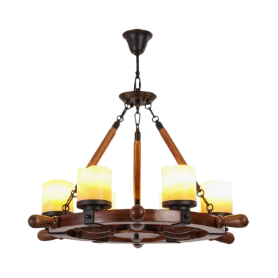 Classic Cylinder Chandelier Lighting 6/8-Bulb Marble Pendant Lamp in Brown with Wood Rudder Design