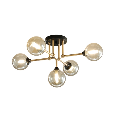 Amber Glass Sphere Semi Flush Mount Lighting Modern 5 Lights Close to Ceiling Lamp in Gold/Black and Gold