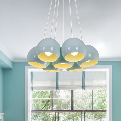 Cluster Dome Pendant Macaron Iron 7 Lights Living Room Ceiling Suspension Lamp in Blue