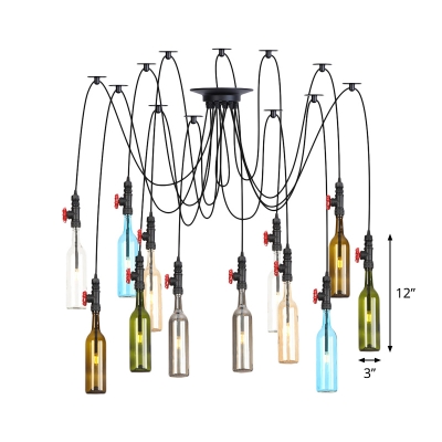 Colorful Glass Bottle Multi Light Chandelier Farmhouse 6/8/10-Light Restaurant LED Swag Suspension Lamp in Black