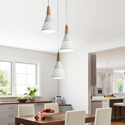 Conic Multi Light Pendant Minimalist Iron 3-Light White and Wood Down Lighting with Hollow Out Grid Design