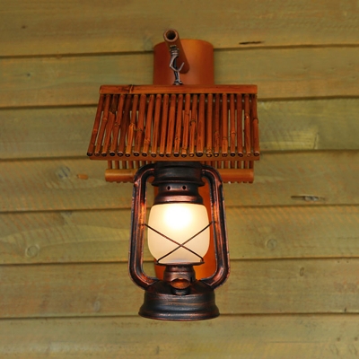 Copper 1 Bulb Sconce Lamp Retro Style Frosted Glass Kerosene Wall Light Fixture with Bamboo Roof Shade
