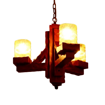Countryside Cylinder Chandelier Lamp 3 Bulbs Yellow Dimpled Glass Pendant Light Kit with Wood Arm in Brown