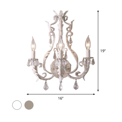 Crystal Bead Wrapped Candle Wall Lamp Rustic 3 Heads Bedroom Sconce Light with Scroll Arm in Grey/White