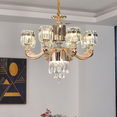 Cylinder Crystal Block Hanging Light Modernist 6/8 Heads Dining Room Chandelier Lamp Fixture in Gold