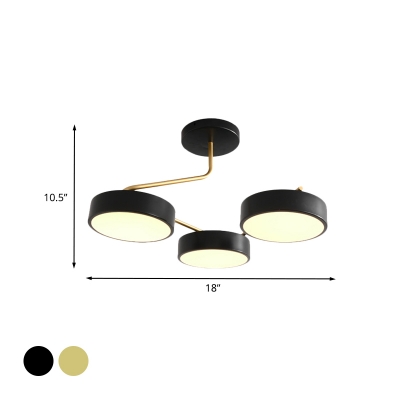 Drum Dining Room Semi Flush Light Fixture Metallic 3 Heads Modernist LED Close to Ceiling Lamp in Black/Gold