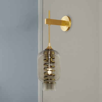 Ellipse Dining Room Wall Lighting Smoke Glass 1-Light Vintage Sconce Lamp with Inner Spiral Guard in Brass