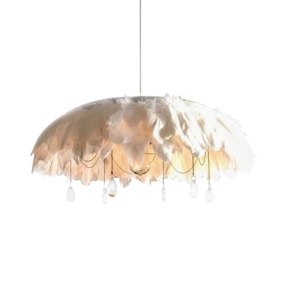 Fabric Round Feather Ceiling Light Contemporary 1 Bulb Hanging Pendant Lamp in White with Crystal Droplet