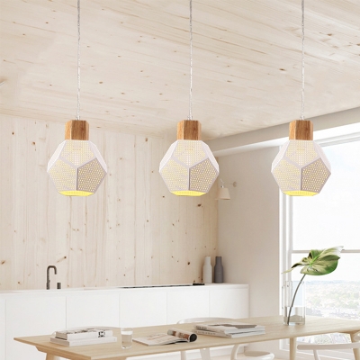 Faceted Bottle Iron Pendant Lighting Minimalist 1 Bulb White Ceiling Suspension Lamp with Mesh Screen and Wood Top