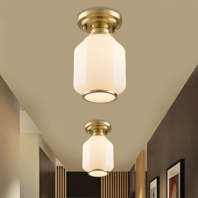 Faceted Jar Shaped White Glass Flushmount Retro Style 1 Head Corridor Ceiling Flush Light in Brass