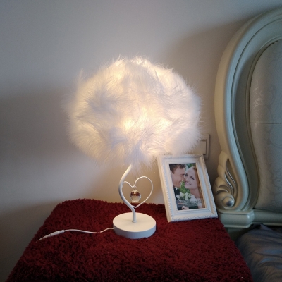 Feather Table Lighting Modernist Fabric 1-Head Bedside Nightstand Lamp in White with Crystal Ball Deco