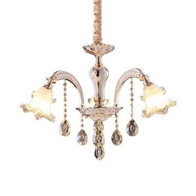 Frosted Glass Bloom Hanging Light Modern 3/6 Heads Study Chandelier in Gold with Crystal Drop