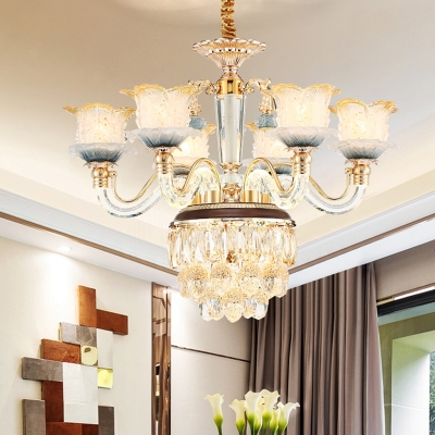 Gold 8 Heads Ceiling Chandelier Traditional Crystal Flower Hanging Pendant Light with Droplet