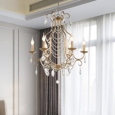 Gold Candle Ceiling Chandelier Vintage Crystal 6 Lights Dining Room Hanging Pendant
