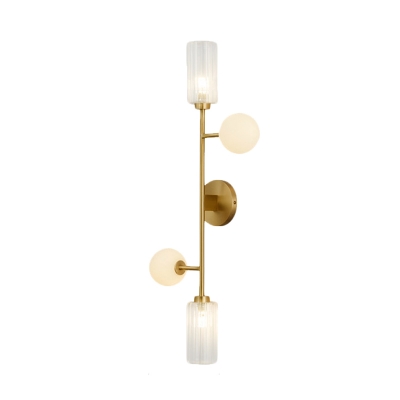 Gold Finish Pencil Arm Sconce Lighting Post-Modern 4 Heads Metallic Wall Lamp with Clear and White Glass Shade