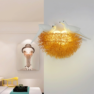 Gold Hand Woven Nest Wall Lamp Artistry 3 Heads Aluminum Sconce Light with Egg Glass Shade and Bird Decor