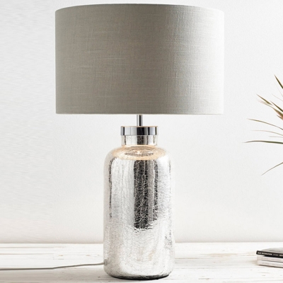 Grey Drum Shade Table Light Rustic Fabric 1-Light Living Room Night Lamp with Crackle Bottle Base