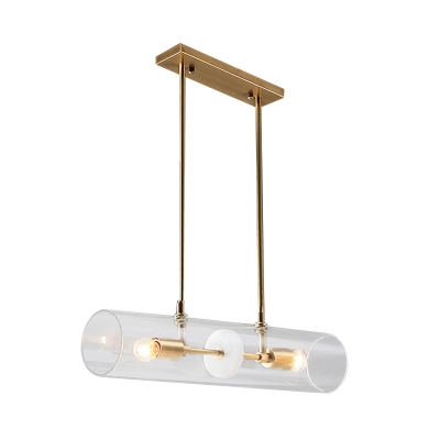 Horizontal Tube Pendant Light Fixture Postmodern Clear Glass 2-Head Brass Hanging Lamp over Island