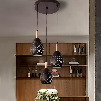 Industrial-Style Pear Multi Light Pendant 3 Lights Metallic Suspension Lamp in Black with Hollow Out Design