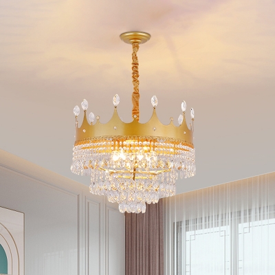 Kids Crown Shaped Ceiling Chandelier Metallic 2/4/6 Heads Bedroom Suspension Pendant in Gold with Crystal Droplet Deco