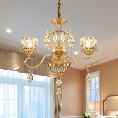 Lotus Clear Crystal Glass Chandelier Lighting Traditional 3/5-Bulb Living Room Suspension Lamp in Brass