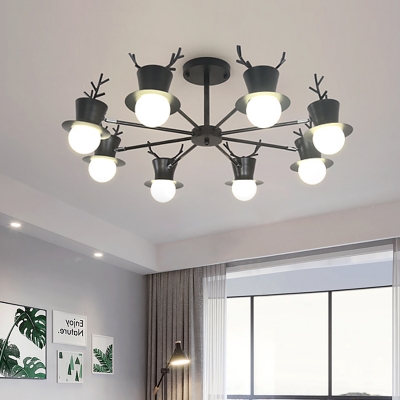 Macaron Antler and Hat Chandelier Metallic 5/8 Bulbs Living Room Radial Pendulum Light in Black/Grey