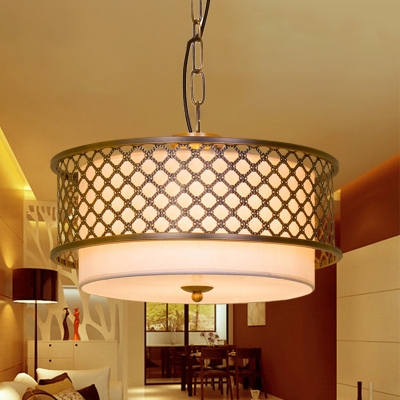 Metal Brass Pendant Chandelier Drum Mesh 3 Heads Warehouse Hanging Ceiling Light with Fabric Shade Inside