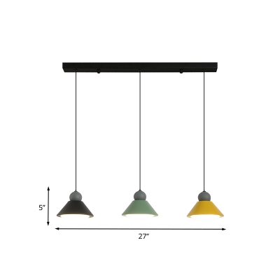 Metal Cone Multi Light Pendant Macaron Style 3 Heads Black-Green-Yellow LED Suspension Lamp