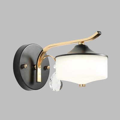 Milk Glass Drum Wall Light Sconce Modernist 1 Light Black and Gold LED Wall Lamp with Crystal Drop