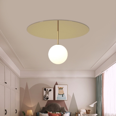 Minimalist Ball Milk Glass Ceiling Lamp Single-Bulb Semi Flush Mount Light with Round Canopy in Gold