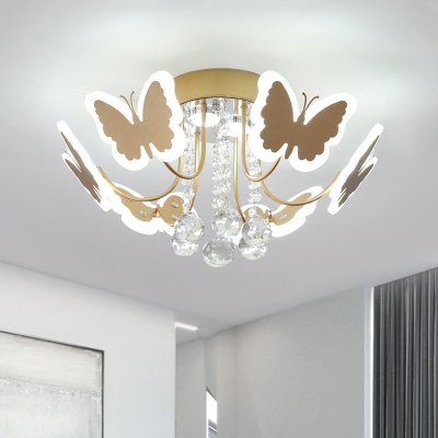 

Modern Butterfly Ceiling Flush Mount Acrylic LED Flushmount Lighting in Gold with Faceted Crystal Ball Drop, HL621122