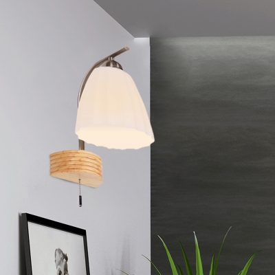 Modern Flared Wall Light Fixture Milk White Prismatic Glass 1 Head Corner Sconce Lamp with Pull Chain and Ribbed Wood Backplate