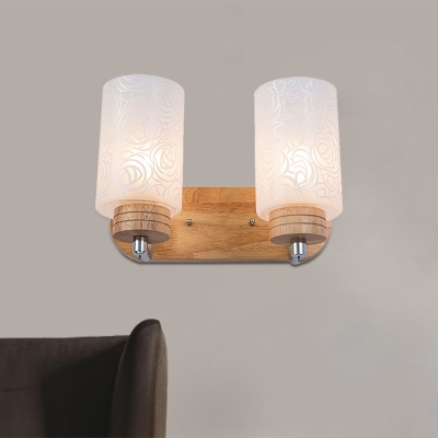 Nordic Pillar Wall Light Fixture Floral Patterned Frosted Glass 2 Lights Bedroom Wall Sconce in Wood