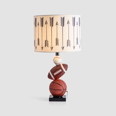 Patterned Fabric Drum Night Lamp Modern 1 Head White Table Lighting with Sport Ball Base
