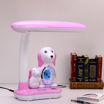 Plastic Rectangle Task Light Contemporary LED Pink/Blue Reading Book Lamp with Dog Deco and Clock