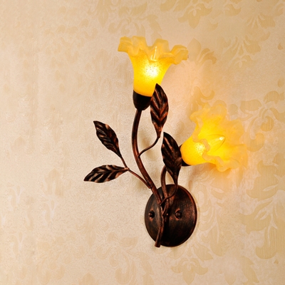 Red Brown Flower Wall Sconce Light Countryside Yellow Glass 2/3 Heads Bedroom Wall Lamp Fixture