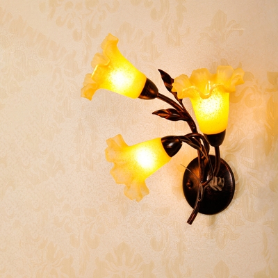 Red Brown Flower Wall Sconce Light Countryside Yellow Glass 2/3 Heads Bedroom Wall Lamp Fixture