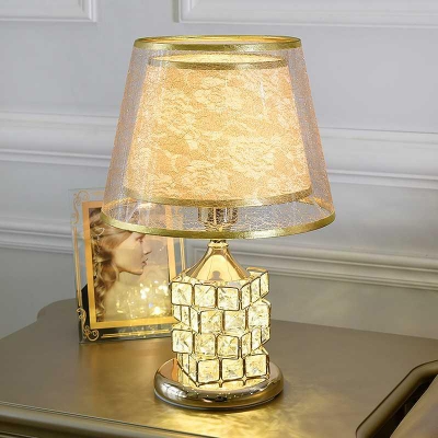 Red/Gold Magic Cube Shape Table Lamp Traditional Cut Crystal 1 Head Bedroom Night Light with Barrel Fabric Shade