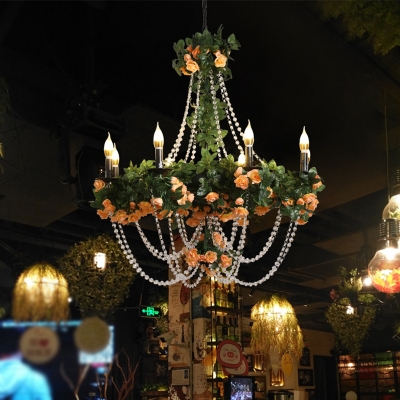 Retro Candlestick Pendant Chandelier 8-Head Iron Flower Ceiling Hang Fixture in Black with Crystal Strand