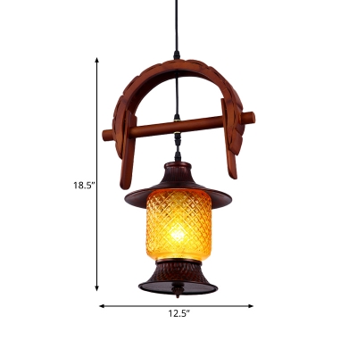Retro Cylinder Pendant Light Fixture 1 Light Yellow Water Glass Ceiling Lamp with Curved Wood Deco in Red Brown