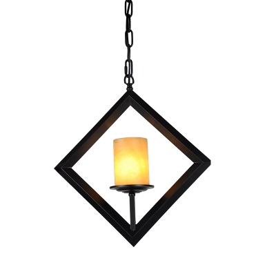 Rhombus Frame Kitchen Dinette Pendant Retro Metal 1 Bulb Black Hanging Ceiling Light with Pillar Shade