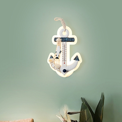 Ship Anchor Flush Wall Sconce Nautical Wood Children Bedroom LED Wall Light with Thermometer Detail in Blue