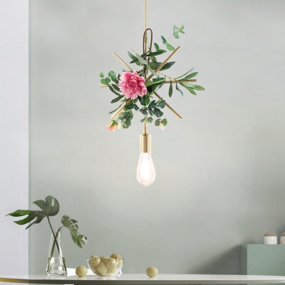 Single Bulb Flower Hanging Light Kit Metal Rustic Parlor Down Lighting Pendant with Triangle/Round Frame in Champagne