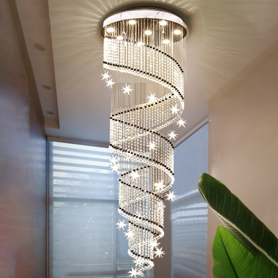 Spiral Clear Crystal Bead Pendant Contemporary 4-Light Stairway LED Multi Ceiling Lamp