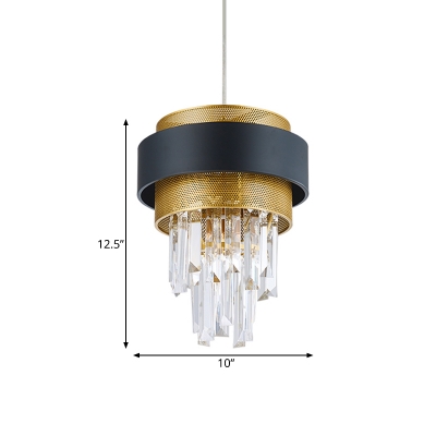 Tiered Crystal Icicle Pendulum Light Mid-Century 1 Head Lounge Ceiling Pendant in Black-Gold with Mesh Screen